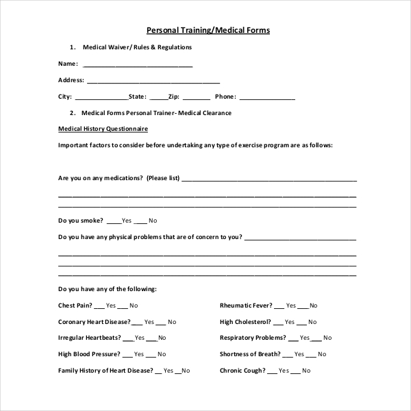 personal trainer medical waiver form