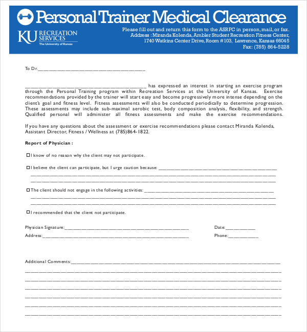 personal training medical clearance form