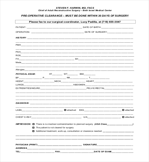 Printable PreOp Clearance Form
