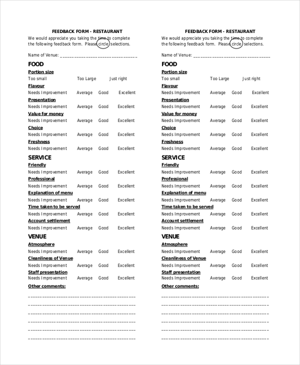 restaurant customer service feedback form