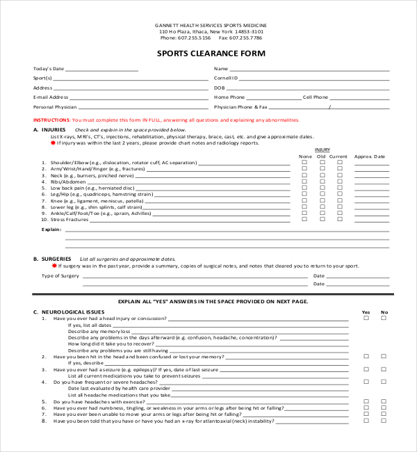 sports medical clearance form