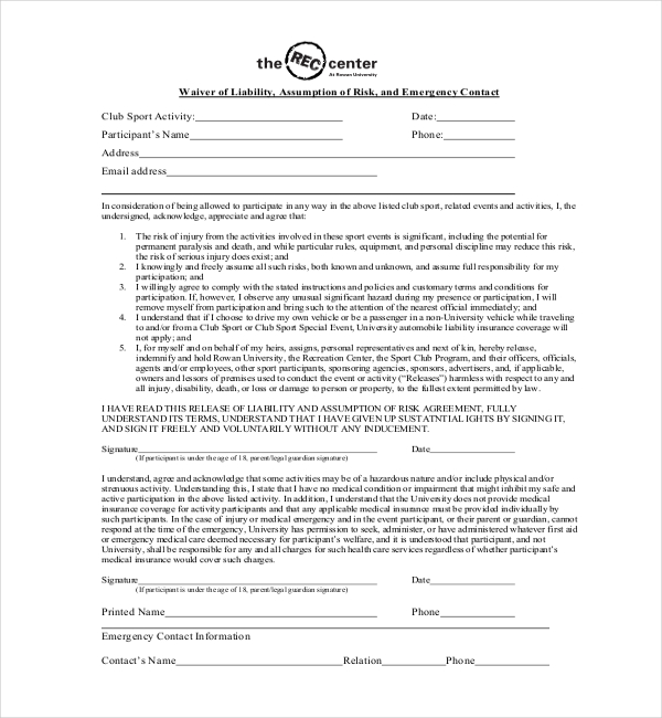 sports medical waiver form