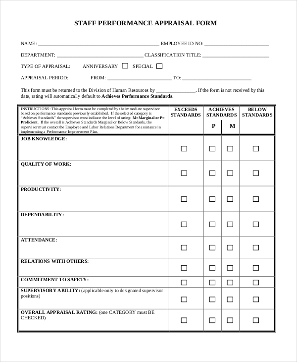 staff performance appraisal form