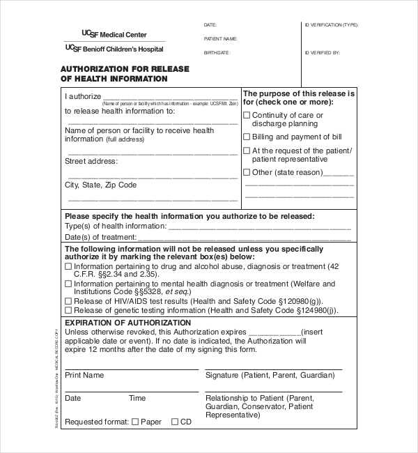 standard medical release form