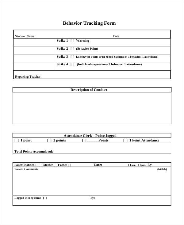 student behavior tracking form