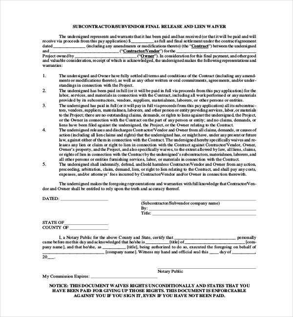 subcontractor lien release form