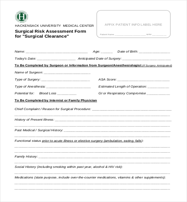 surgical medical clearance form