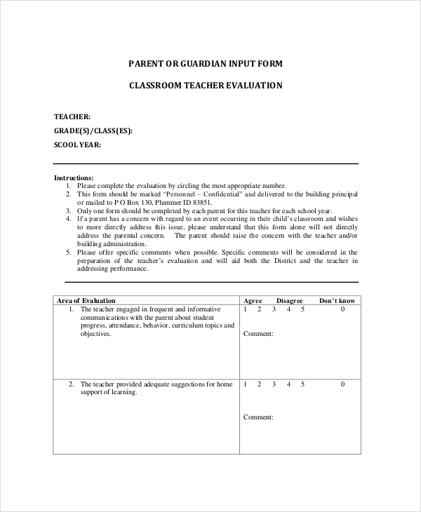 teacher feedback form for parents