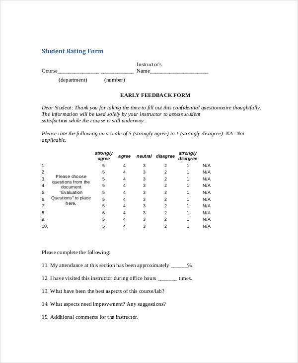 teacher feedback form for students