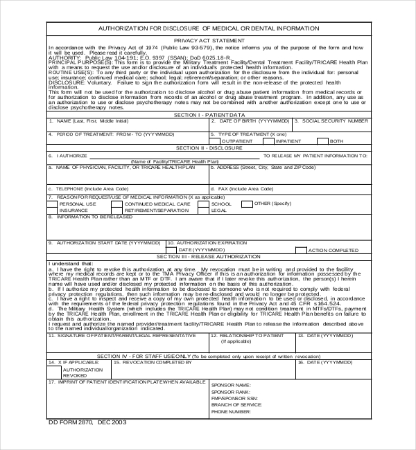 tricare medical records release form