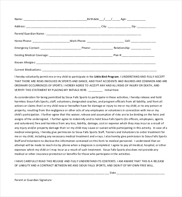 youth sports medical release form