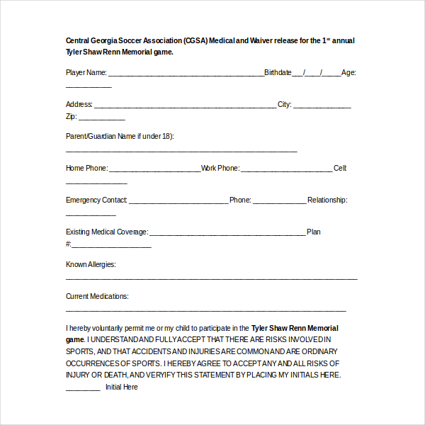 youth sports medical waiver form
