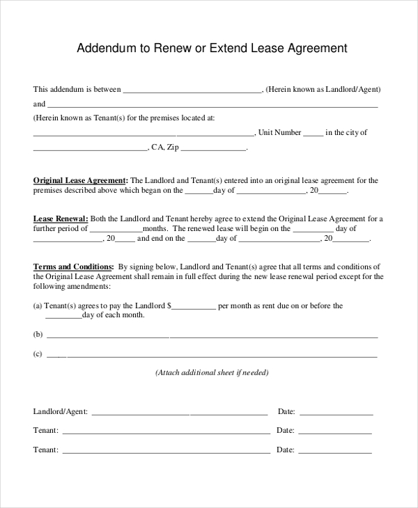 addendum to renew extend lease agreement form