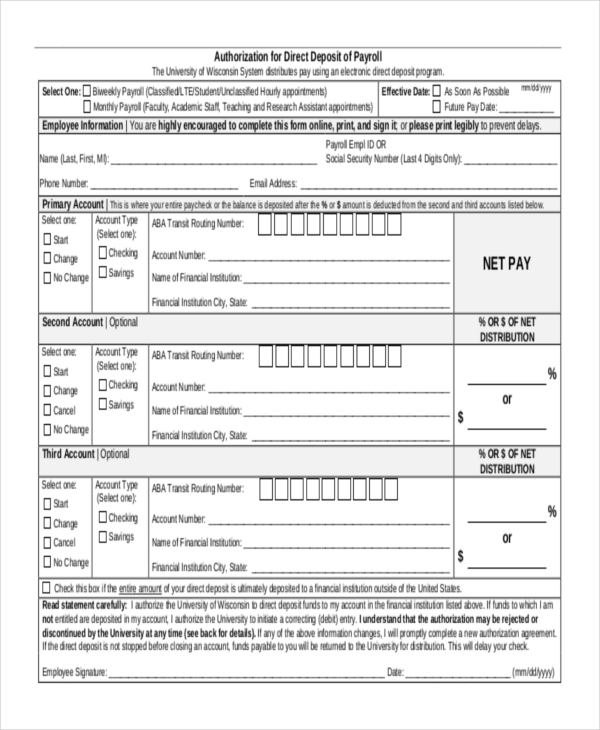 authorization for direct deposit of payroll