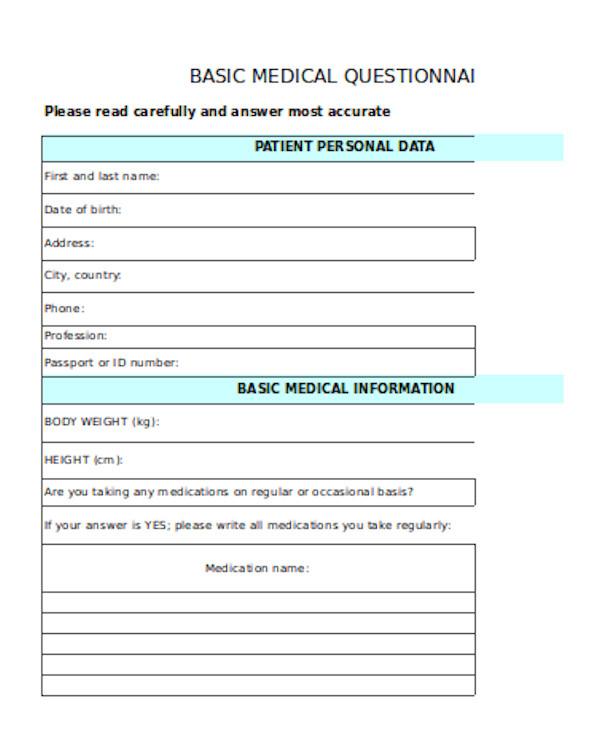 FREE 11 Sample Medical Questionnaire Forms In PDF MS Word Excel