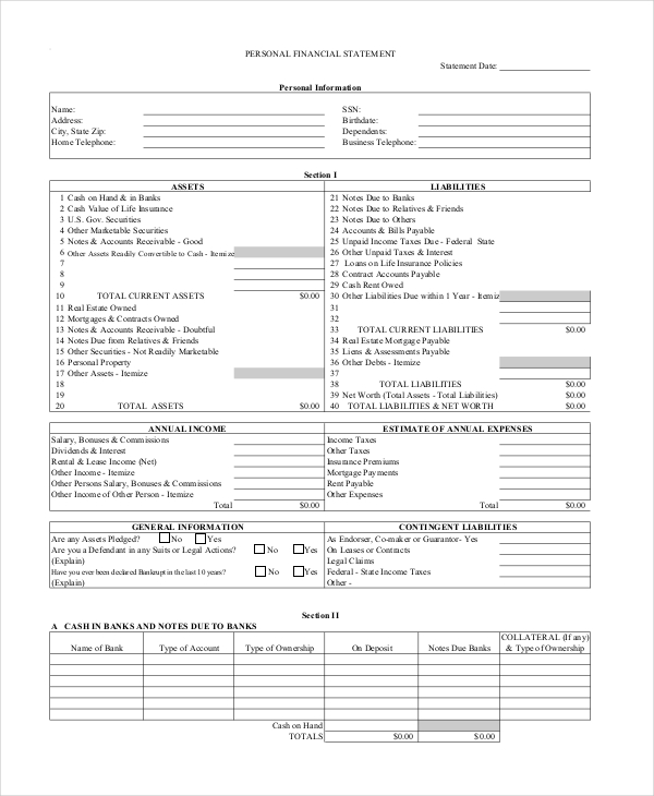 blank personal financial statement form