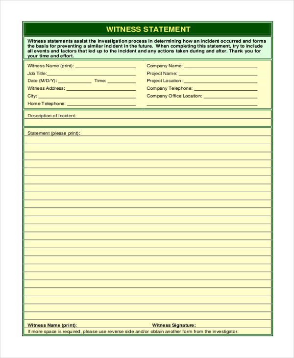 Free 12 Sample Witness Statement Forms In Pdf Ms Word Excel 4309