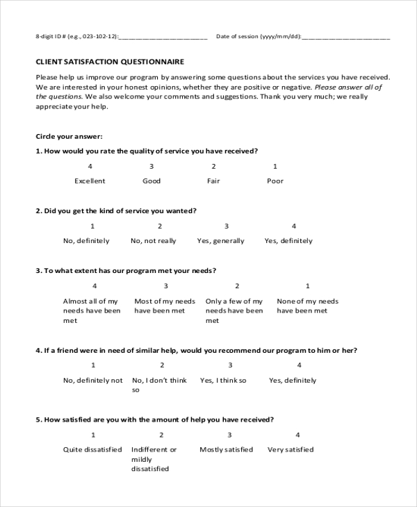 FREE 8 Sample Client Satisfaction Questionnaire Forms In