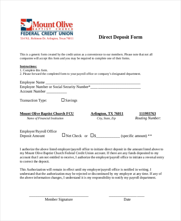 blank payroll direct deposit form