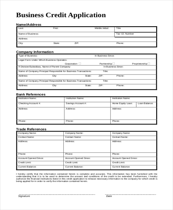 Printable Business Credit Application Form Pdf