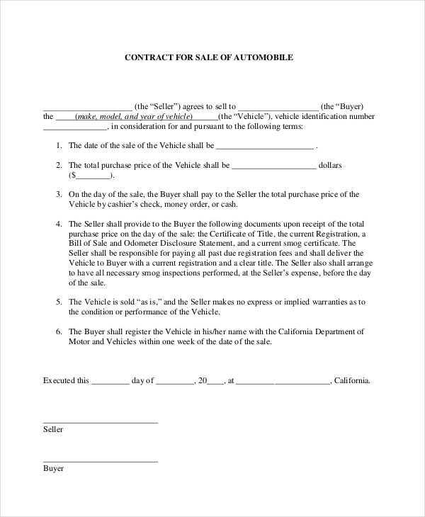 contract for sale of automobile