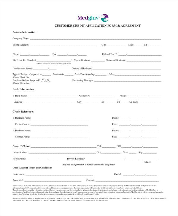 customer credit application form agreement