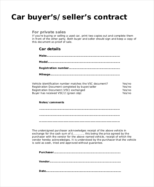 car buyer’s seller’s contract