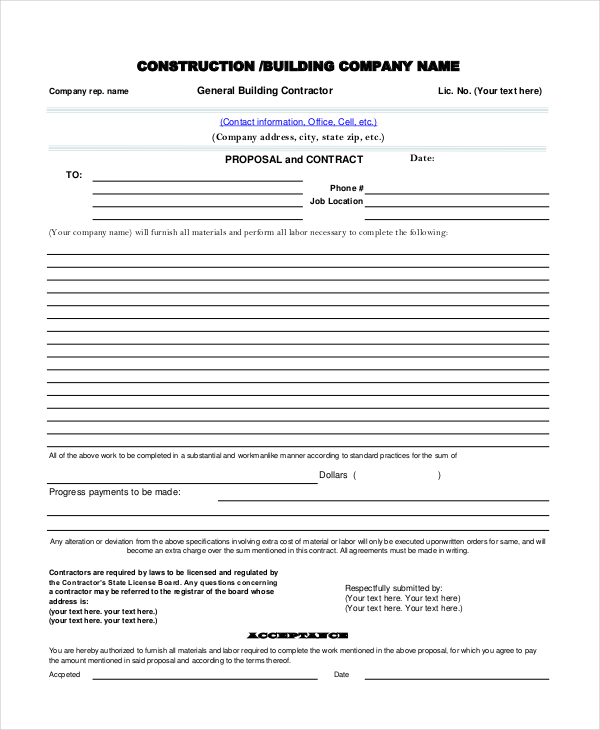 Free 9 Sample Contractor Proposal Forms In Pdf Ms Word Excel 