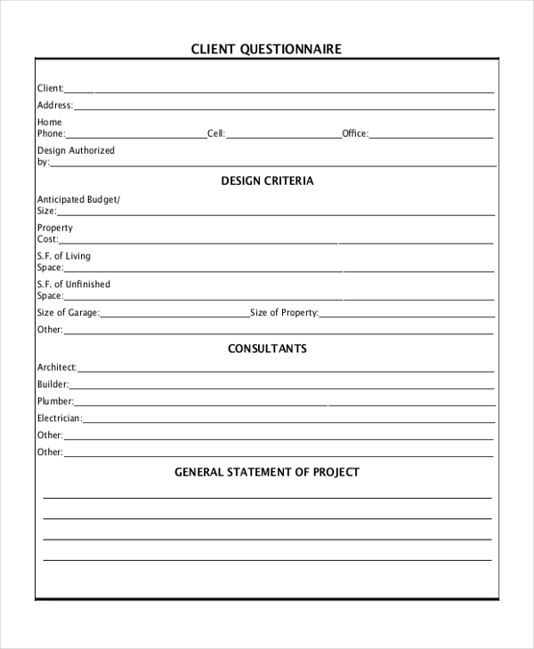 construction client questionary form