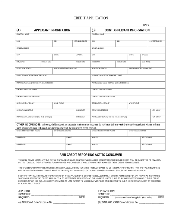 Credit Card Application Form Printable