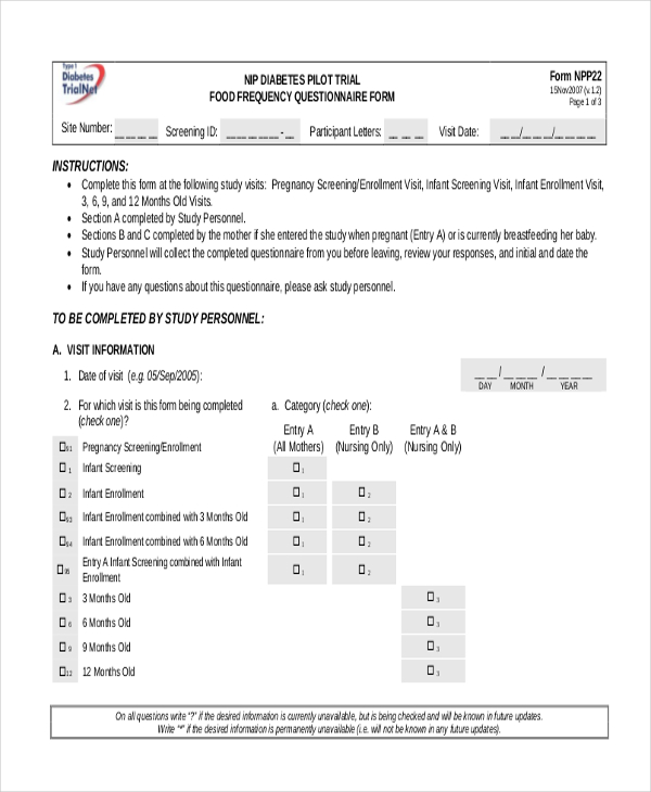 diabetes pilot trial food frequency questionnaire form