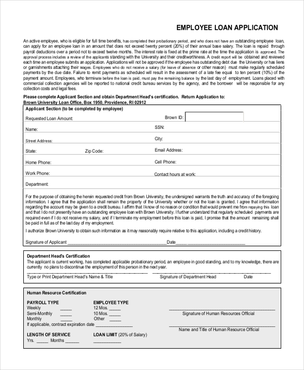 FREE 12 Loan Application Form Samples PDF MS Word Google Docs Excel   EMPLOYEE LOAN APPLICATION 