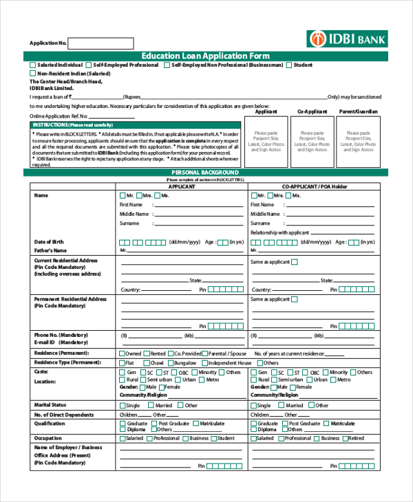 education loan application form