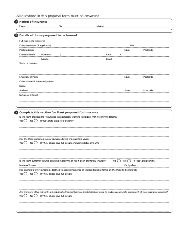 engineering plant insurance proposal form