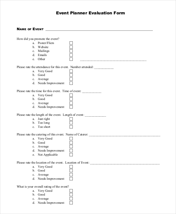 event planner evaluation form