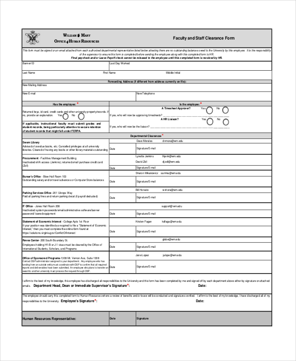 faculty and staff clearance form