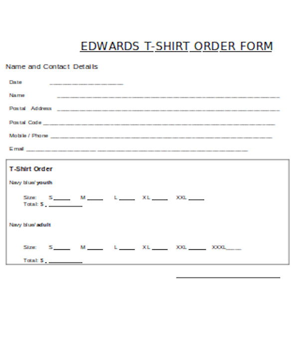 formal t shirt order form