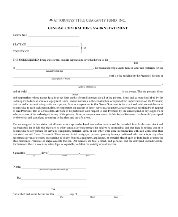 Free 9 Sample Sworn Statement Forms In Ms Word Ms Excel Pdf 7797