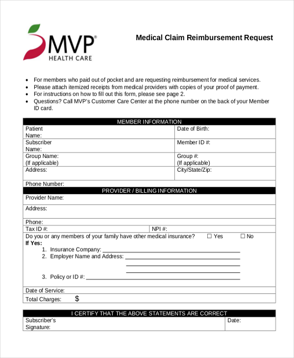 health care medical claim reimbursement form