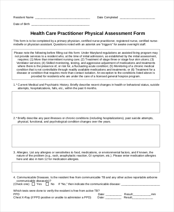 health care practitioner physical assessment form