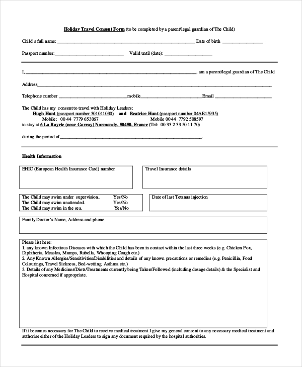 holiday travel consent form