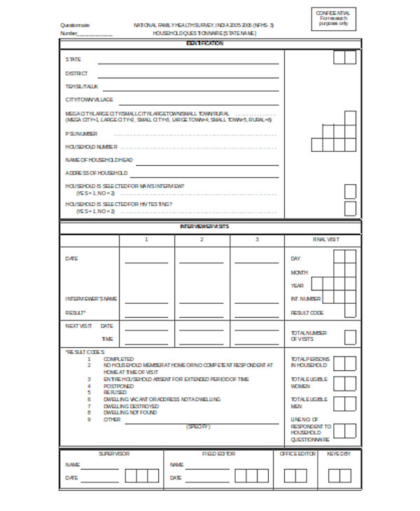 household questionnaire survey form