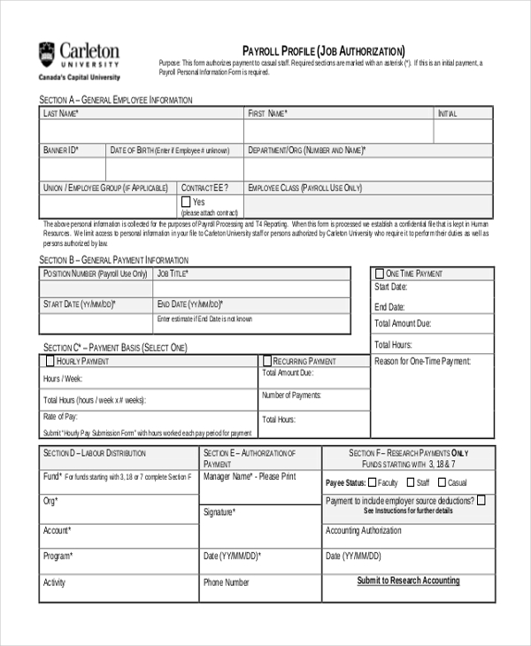 hr payroll profile form