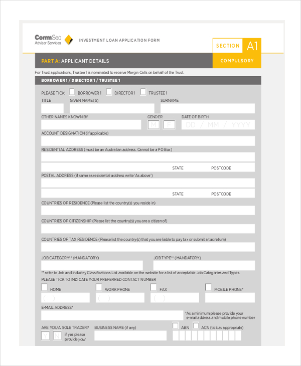 investment loan application form