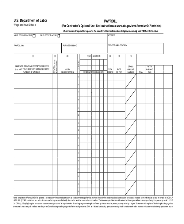 labour payroll register form