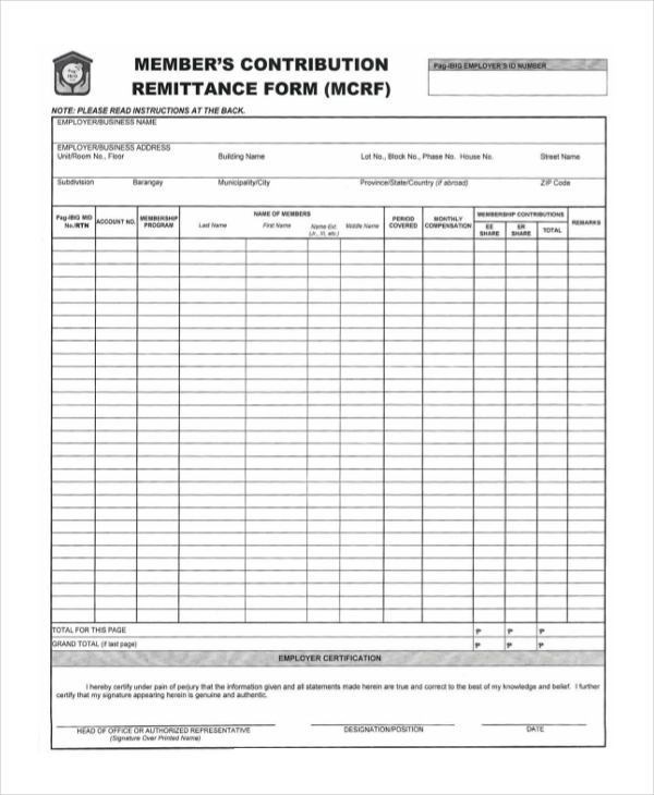 members contribution remittance form