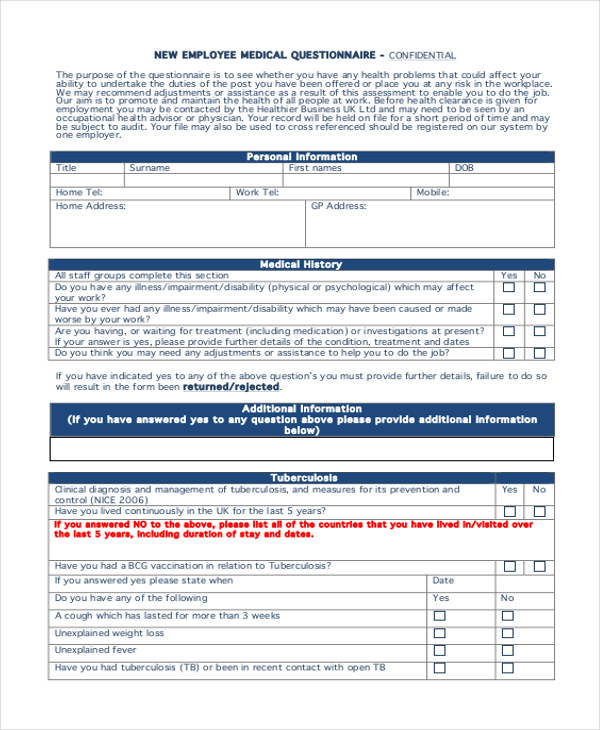 new employee medical questionnaire