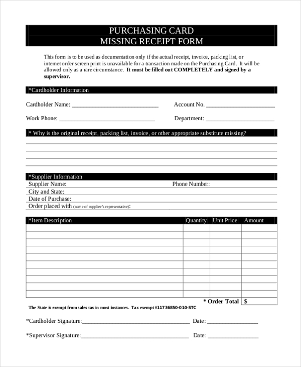 purchasing card missing receipt form