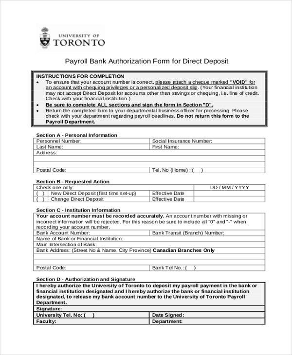 payroll bank authorization form for direct deposit
