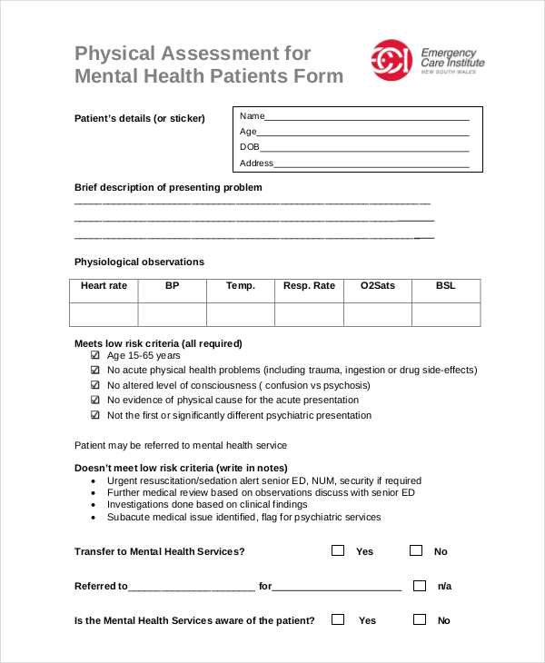 physical assessment for mental health patients form